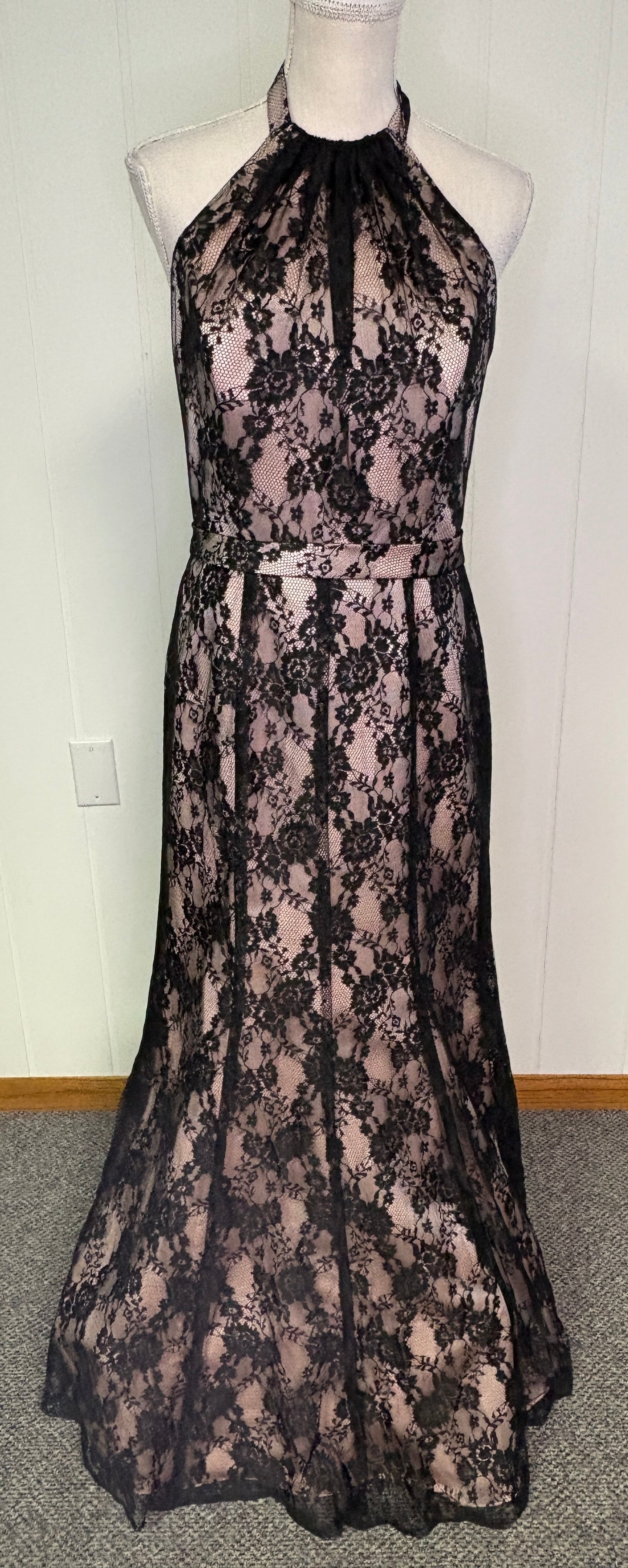 Formal Dress Lace Overlay Halter Neck