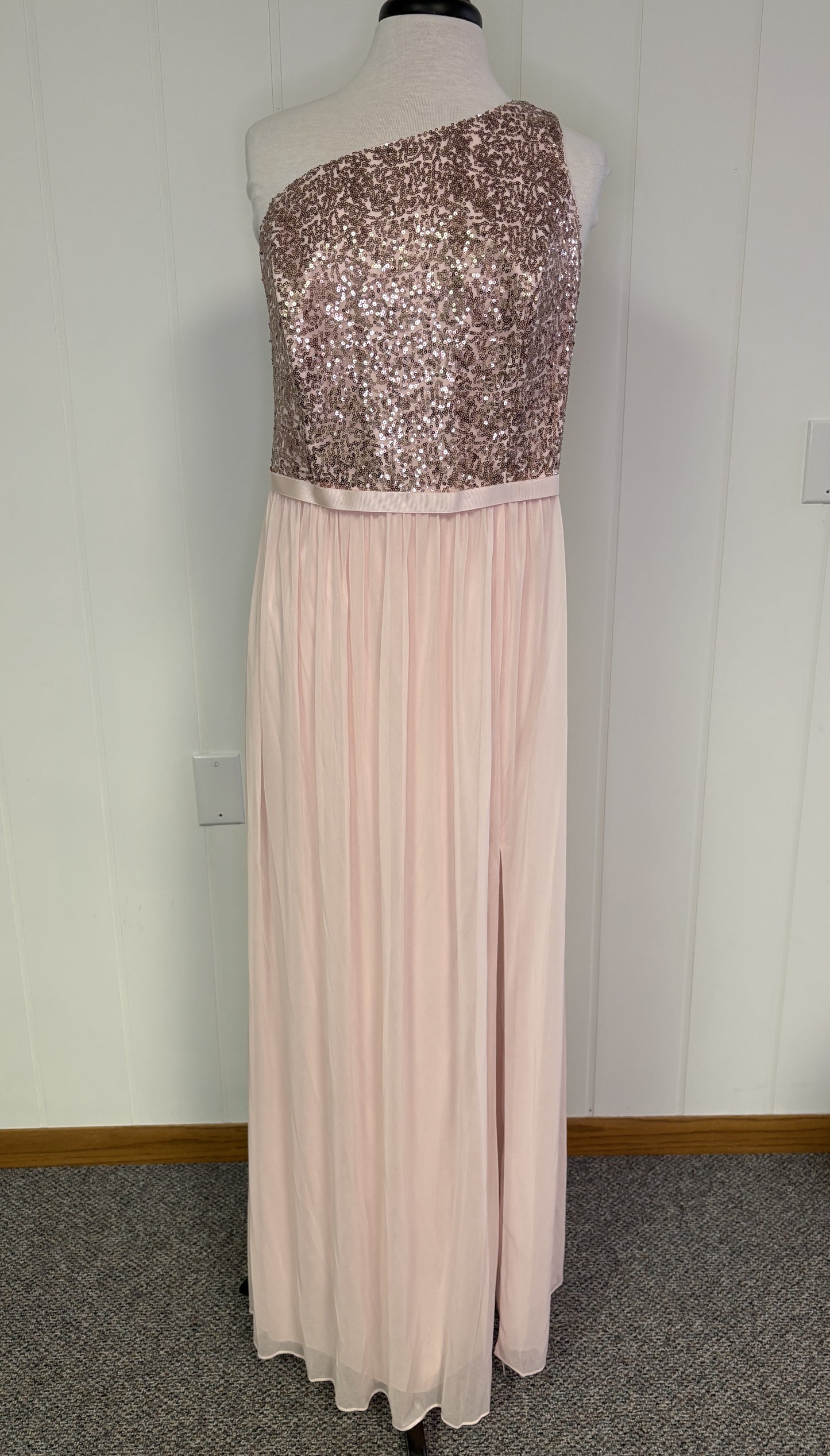 Formal One Shoulder Sequin Sheer Dress w/Leg Slit