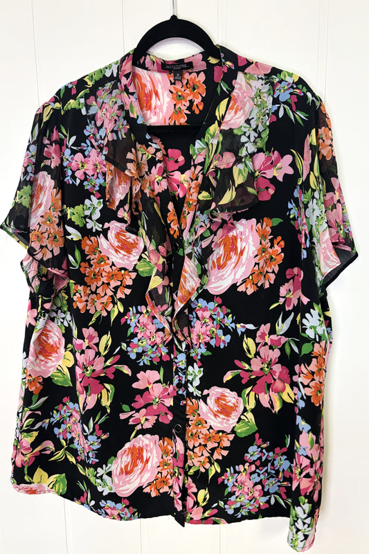 Sheer Floral Top w/Ruffles