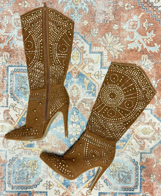 Suede Bedazzle Heel Boots