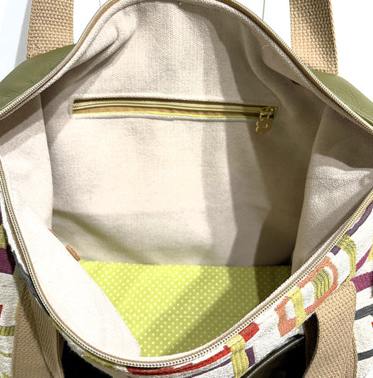 Square Print Canvas/Leather Tote Bag