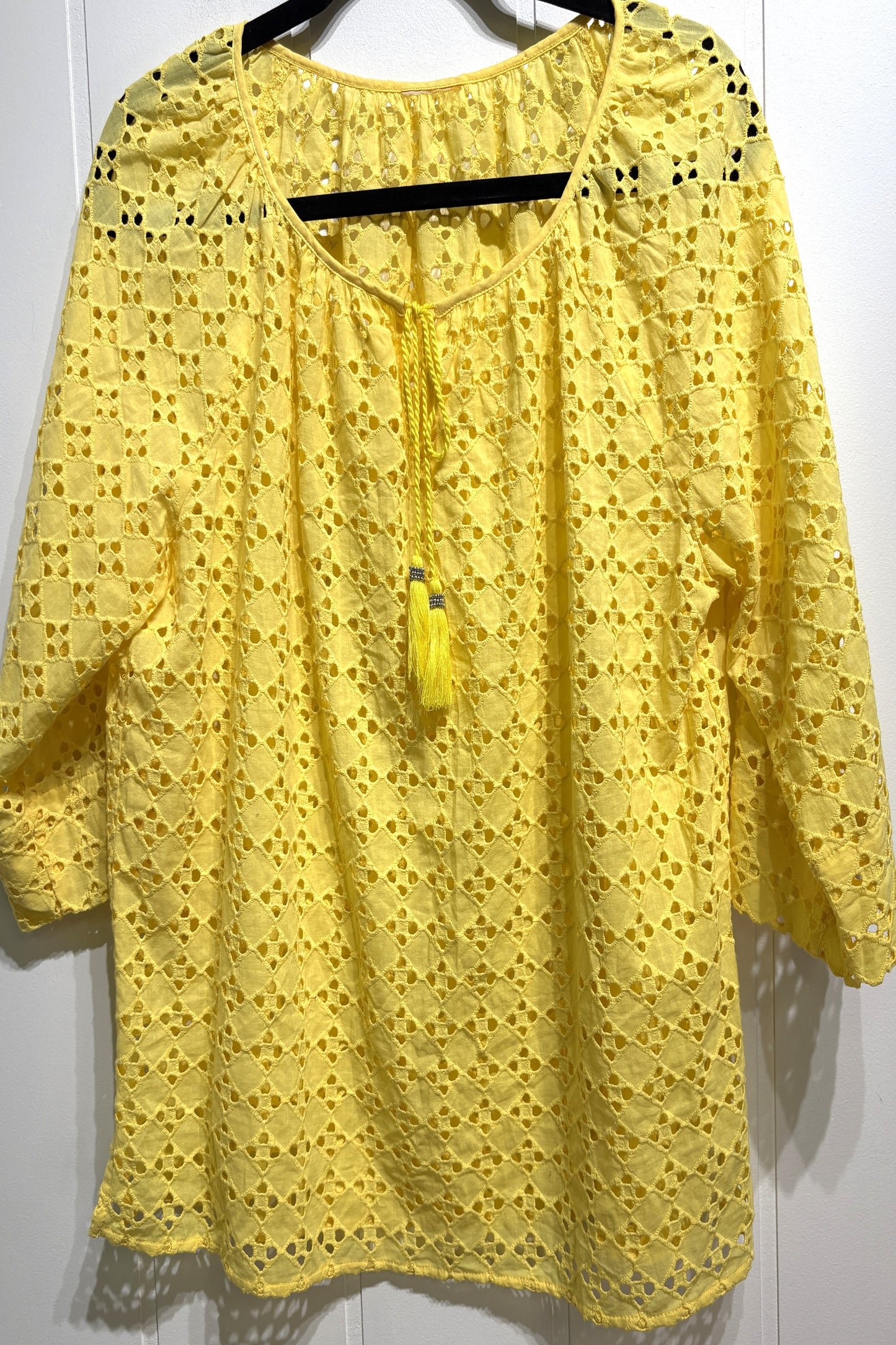 Eyelet Bell Sleeve Tassel Top