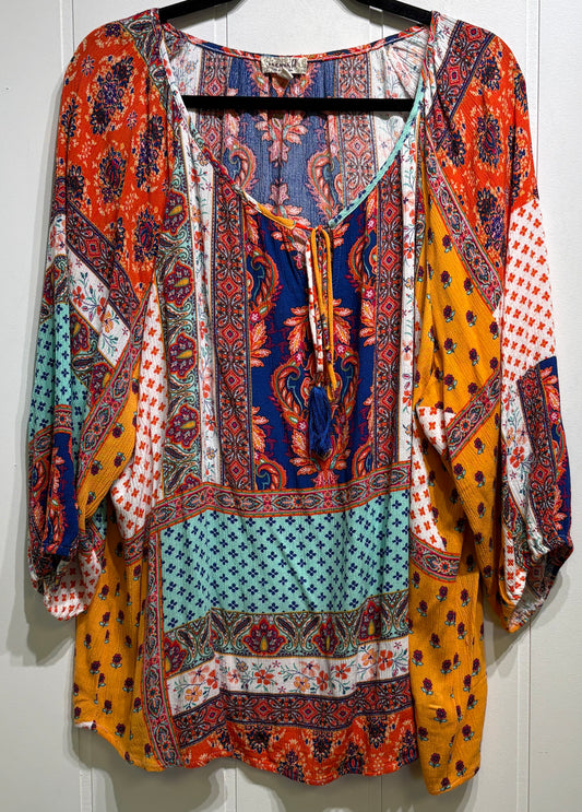 Paisley Patchwork Print Top w/Tassels