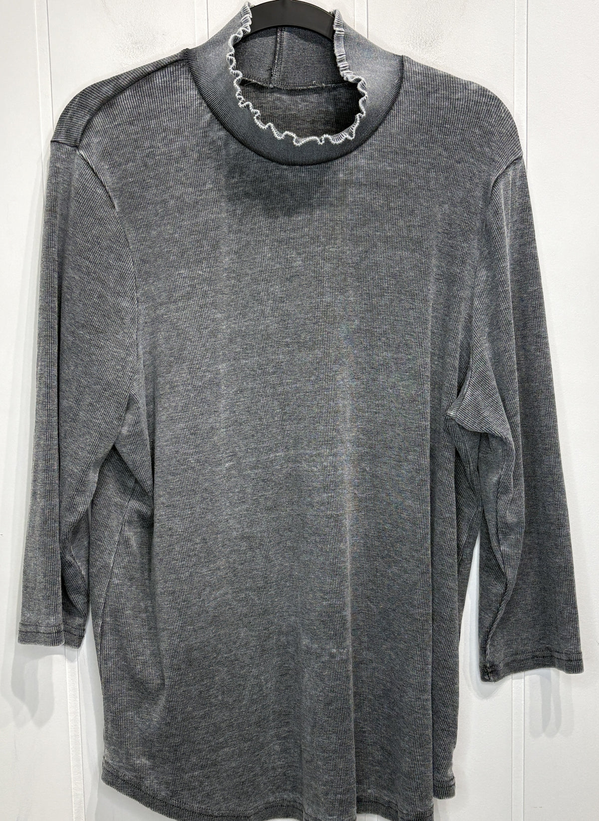 Ribbed LS Top w/Ruffle Mock-Neck