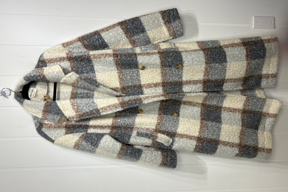 Fuzzy Plaid Button Down Long Coat