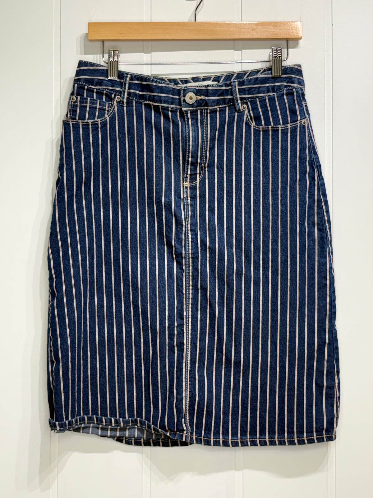 Pinstripe Midi Denim Skirt