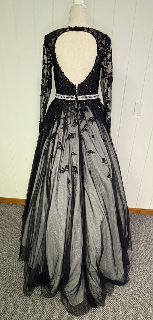 Prom Dress; Custom Made LS Lace with Pearls