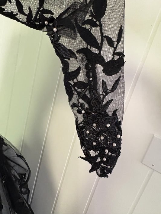 Prom Dress; Custom Made LS Lace with Pearls