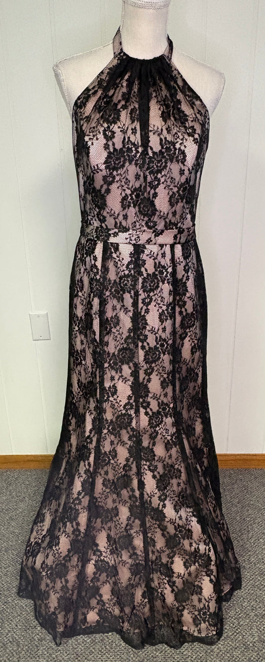Formal Dress Lace Overlay Halter Neck