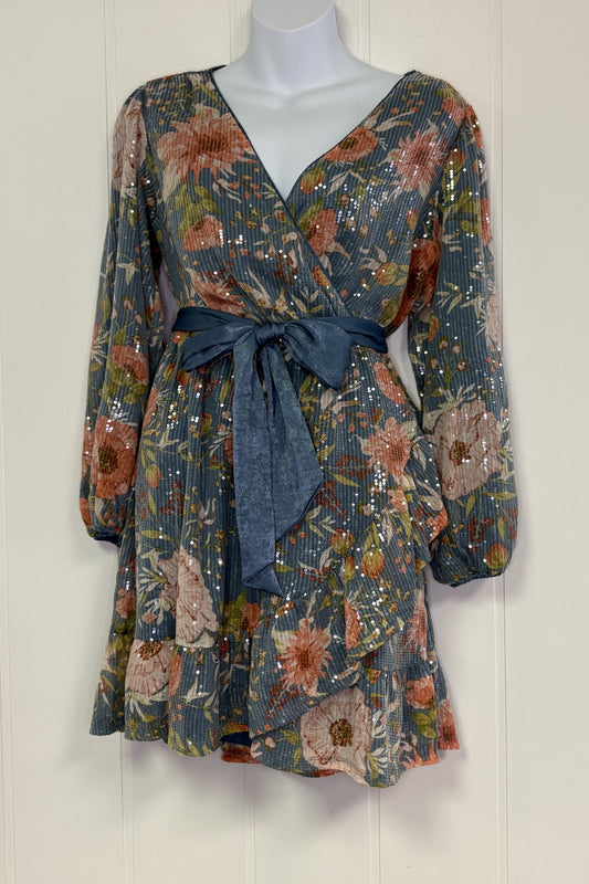 Formal Sequin Floral Dress with Belt Tie