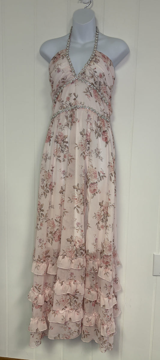 Formal Dress Floral Pearls with Ruffle Bottom
