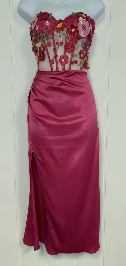 Formal Strapless Dress with Floral Stitching