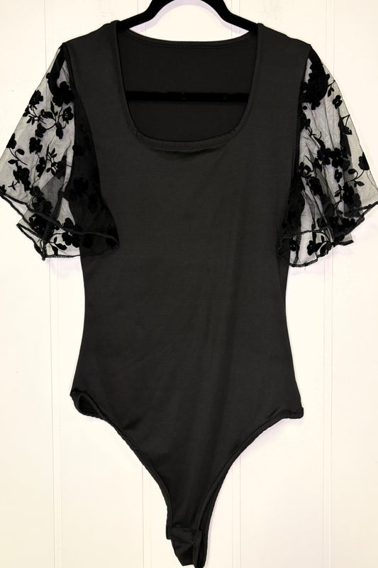 Bodysuit w/Floral Mesh Sleeves