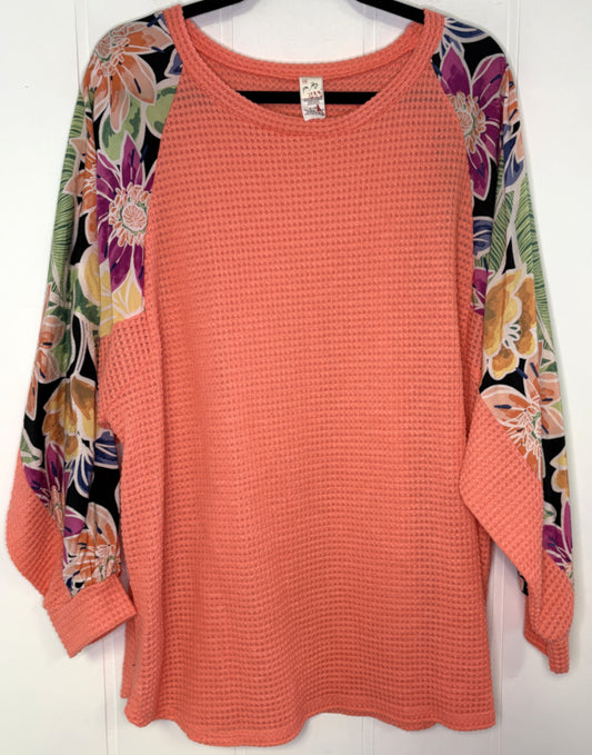 Waffle Knit Top w/Flwr Sleeves