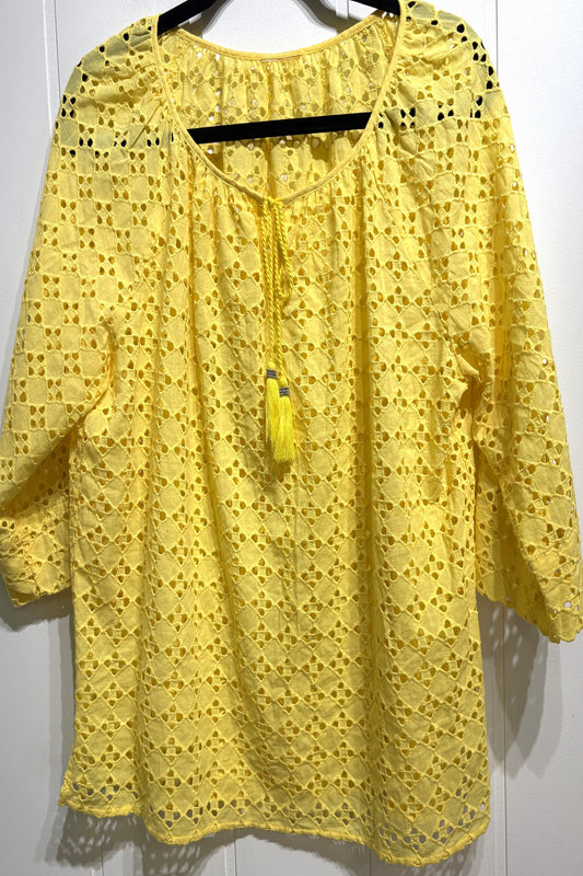 Eyelet Bell Sleeve Tassel Top