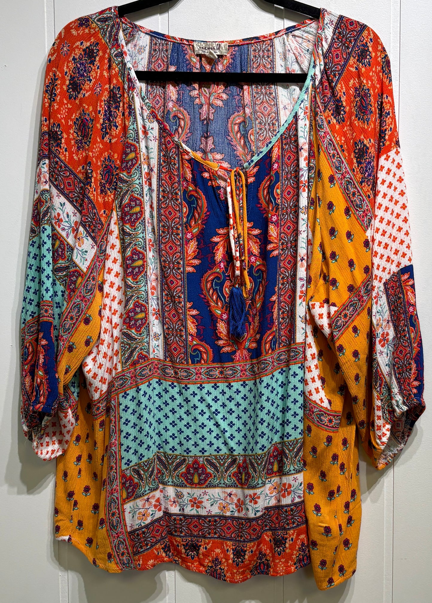 Paisley Patchwork Print Top w/Tassels
