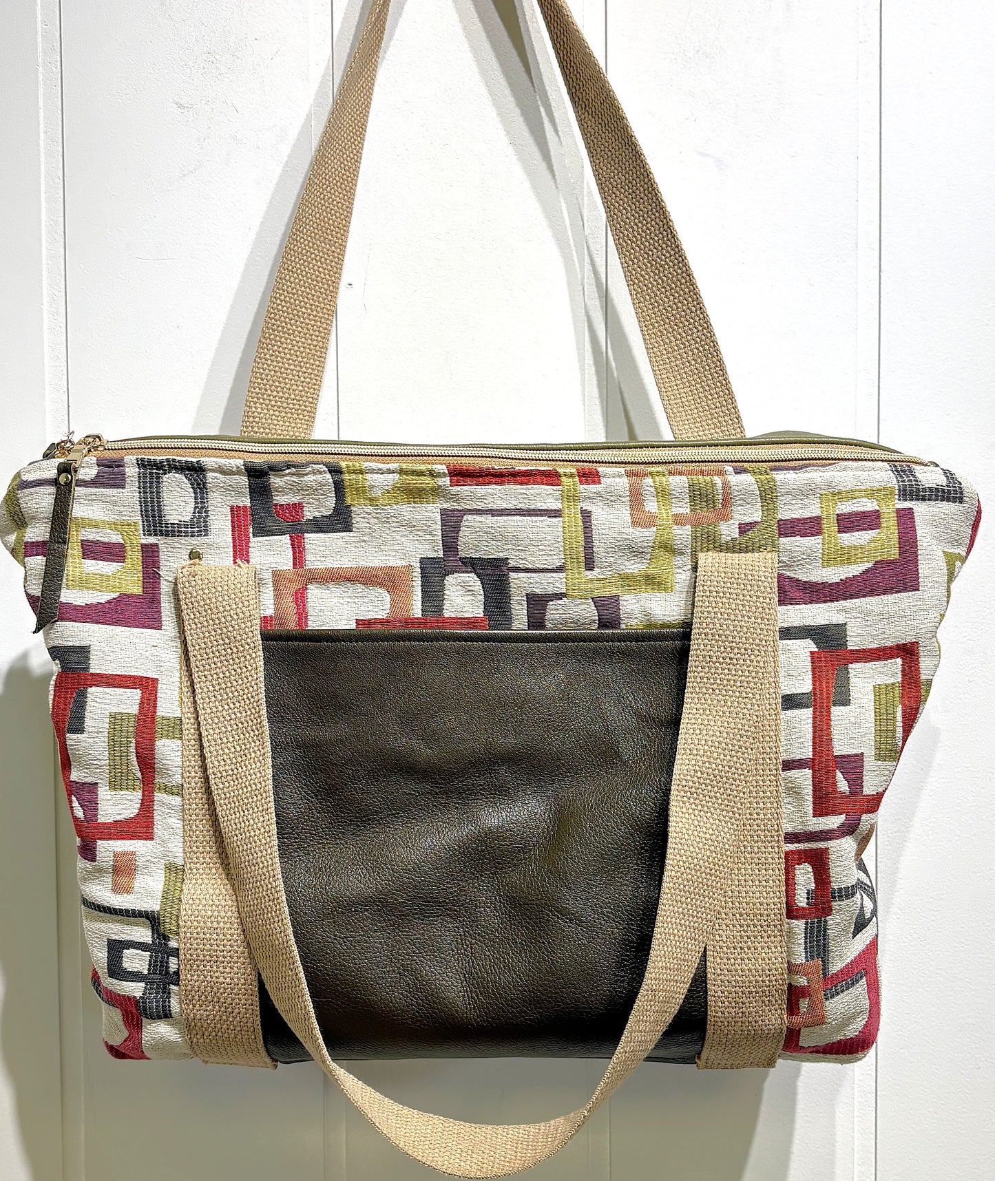 Square Print Canvas/Leather Tote Bag