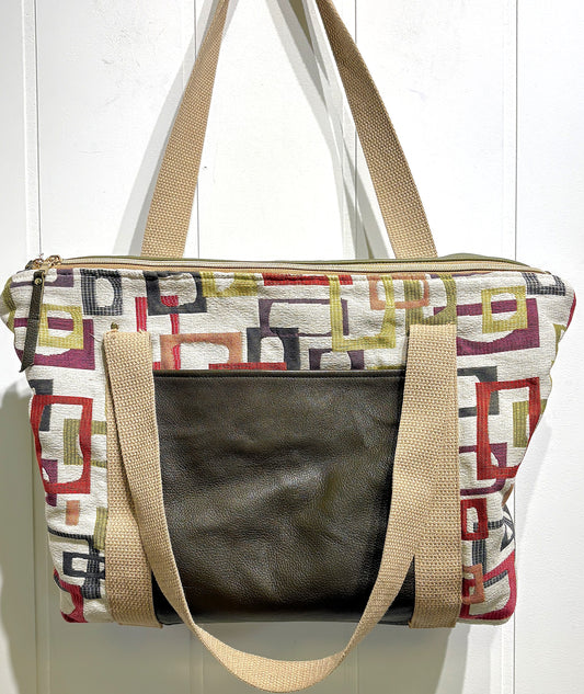 Square Print Canvas/Leather Tote Bag