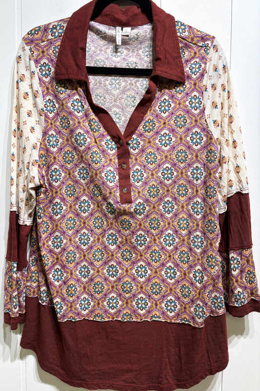 Cato Paisley Collard Top