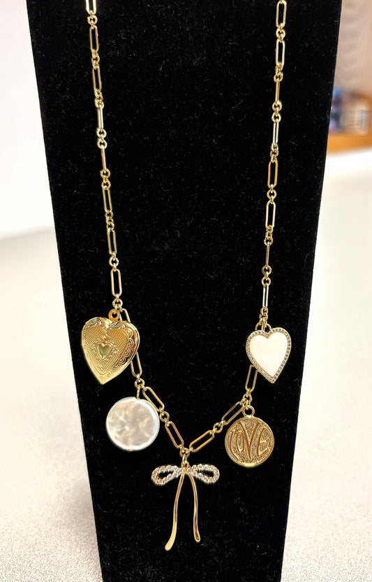 Necklace w/Heart & Bow Pendants