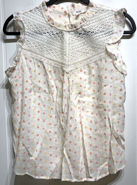 MINE Sleeveless Blouse w/Crochet Polka Dot Print