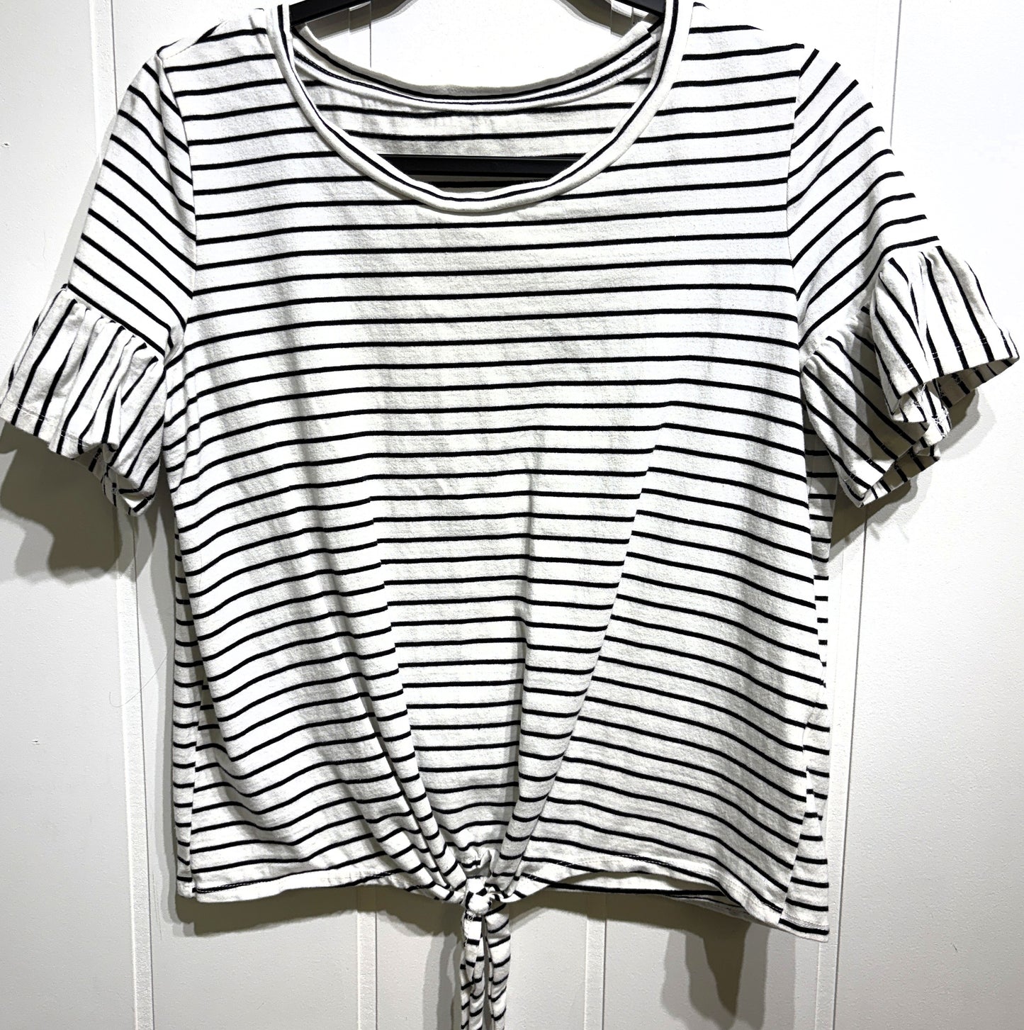 Striped Bell Sleeve Top w/Front Tie Detail