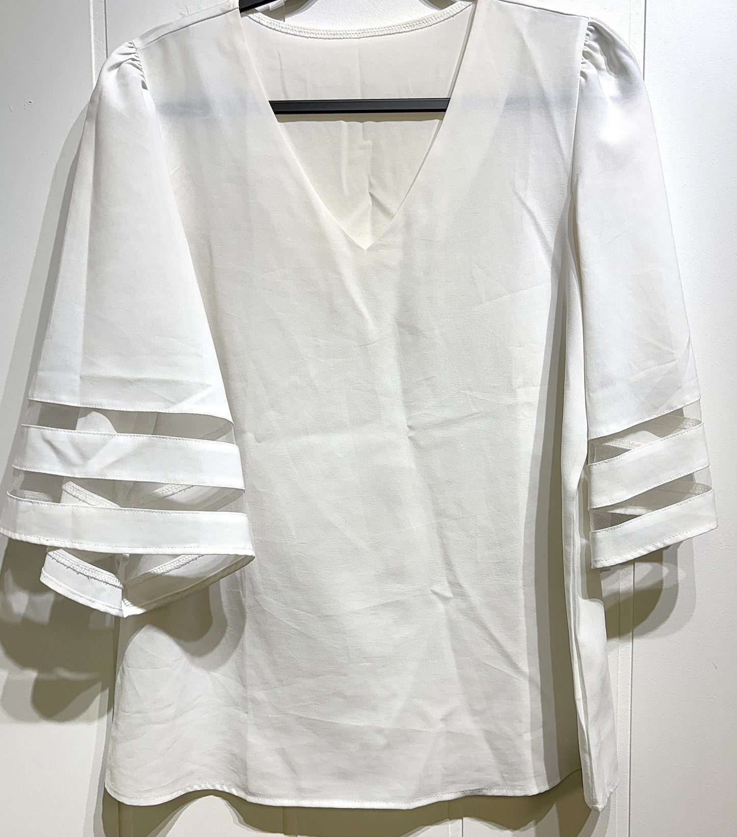 Sheer V-Neck Blouse w/Bell Sleeves