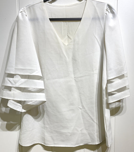 Sheer V-Neck Blouse w/Bell Sleeves