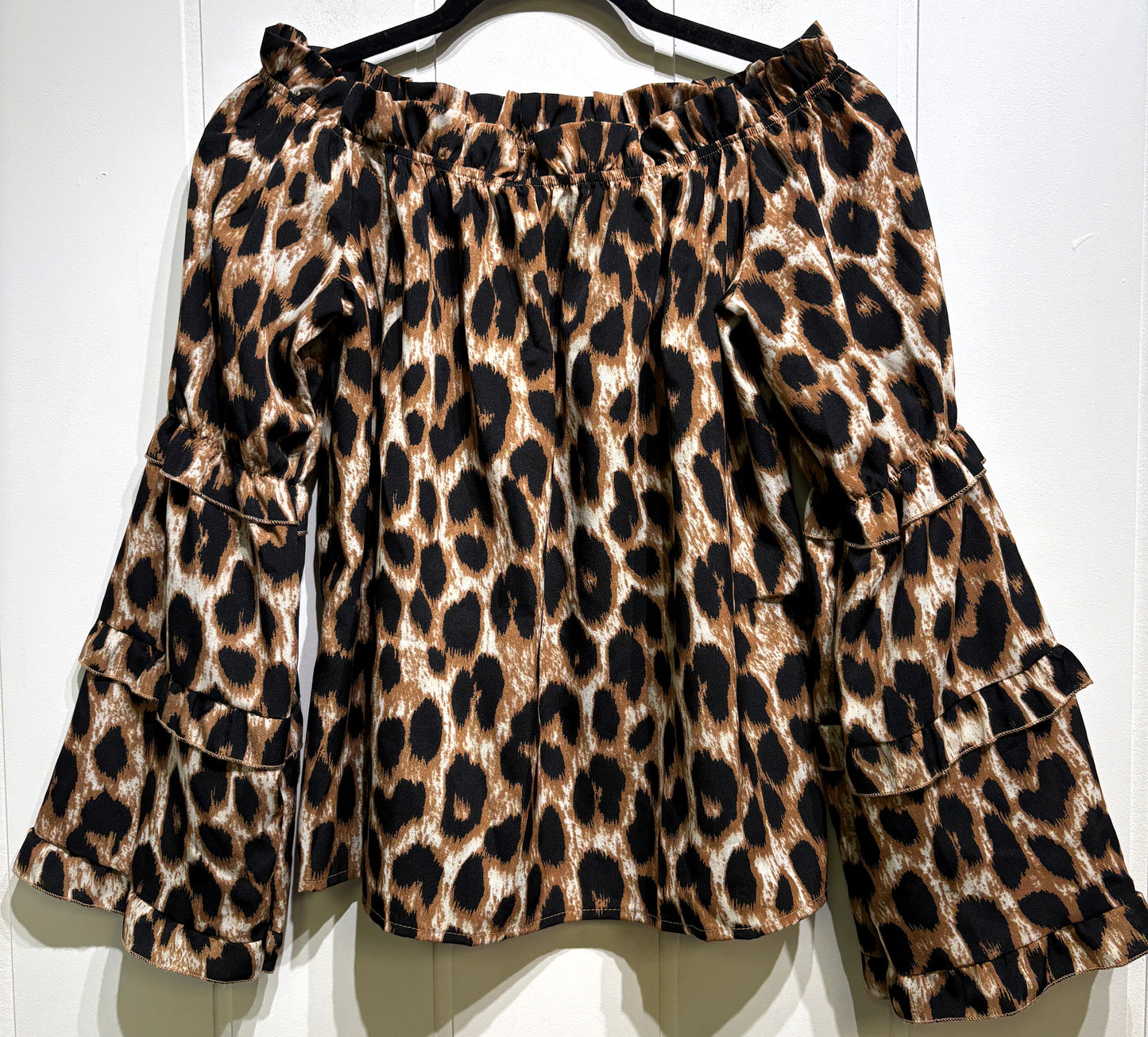 Off Shoulder Cheetah Print Bell Sleeve Blouse