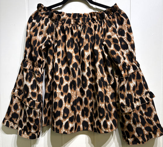 Off Shoulder Cheetah Print Bell Sleeve Blouse