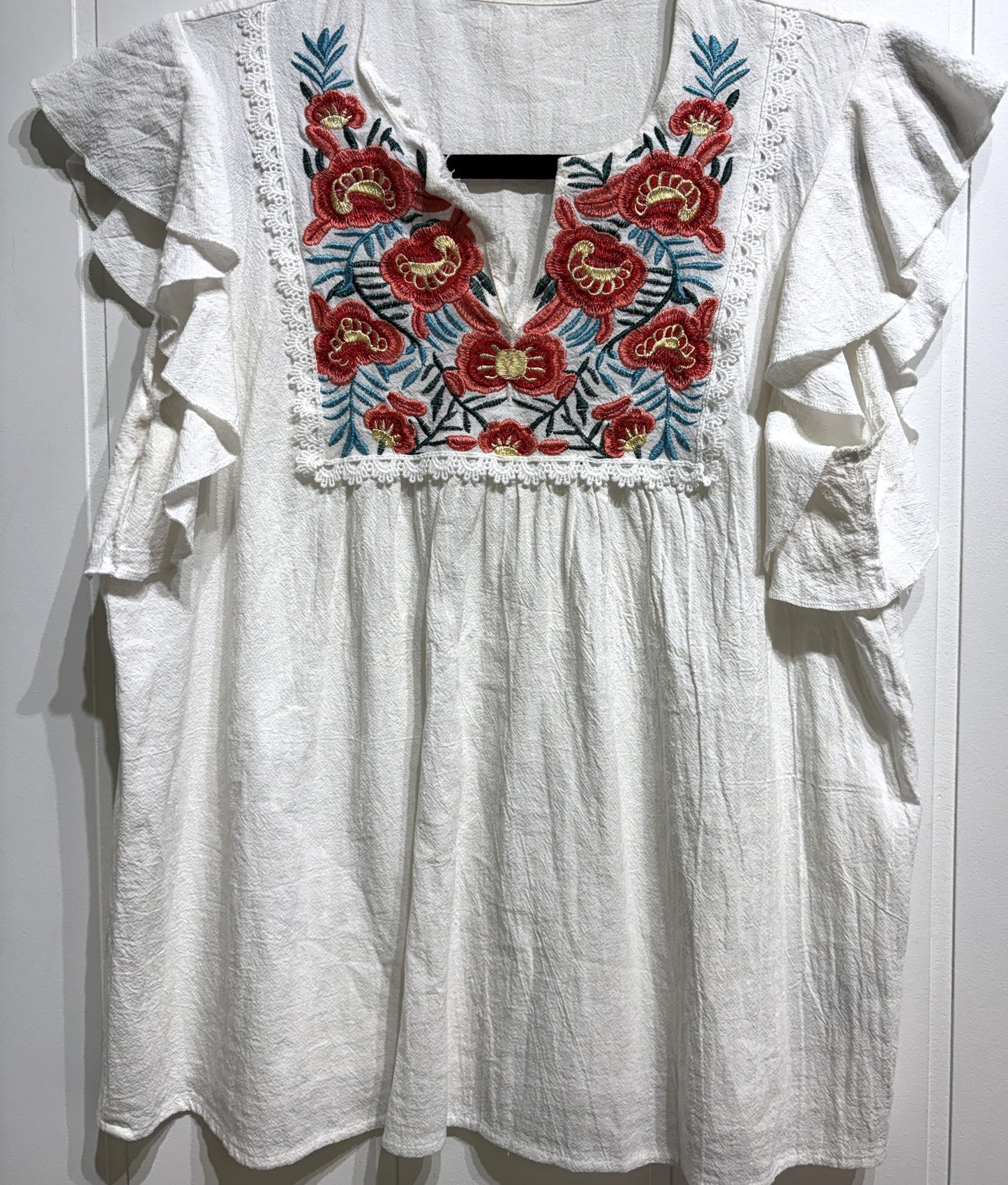 Embroidered Flutter Sleeve Top