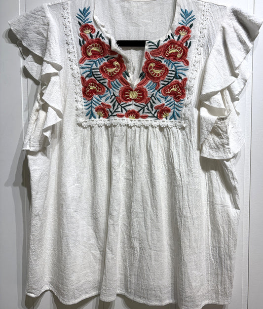 Embroidered Flutter Sleeve Top