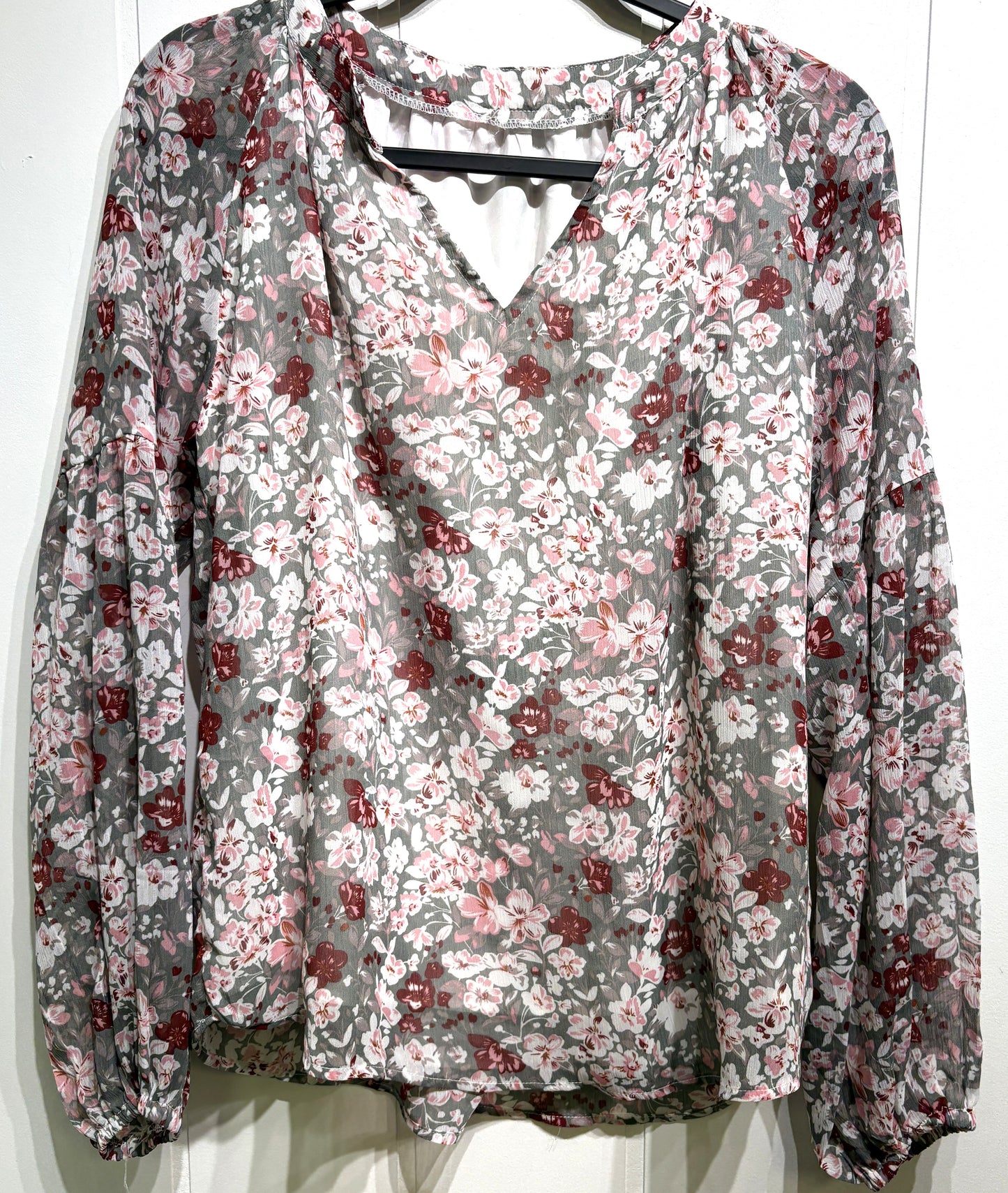 Sheer Layered LS Floral Blouse