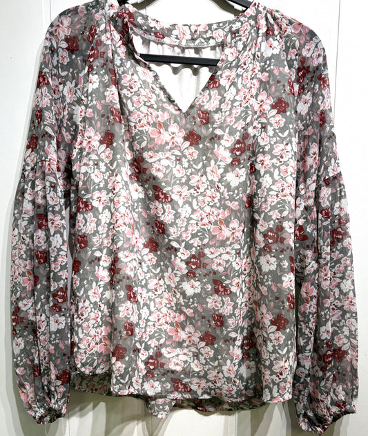Sheer Layered LS Floral Blouse