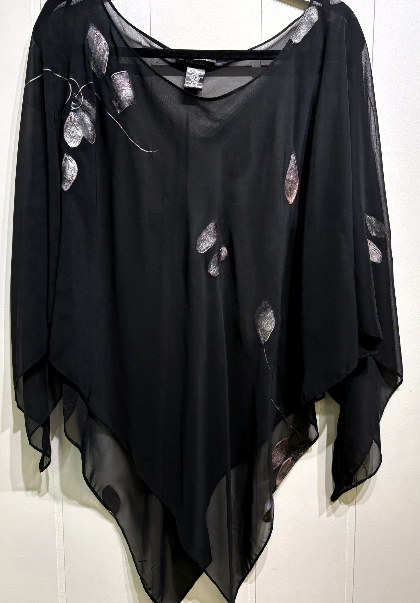 Sheer Poncho Top w/Metallic Leaf Print