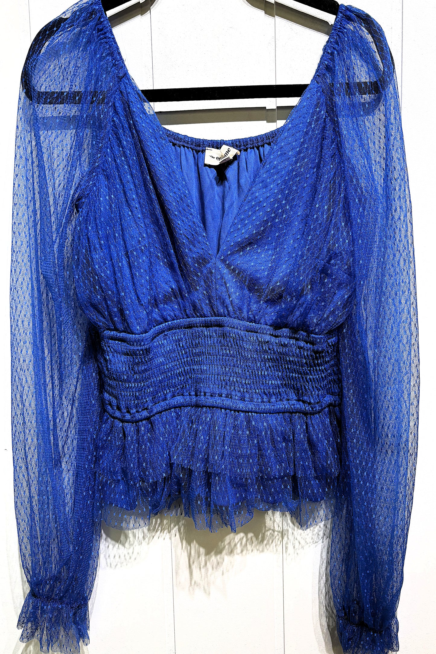 eeSome Ruffle Mesh-Dot Sleeve Blouse