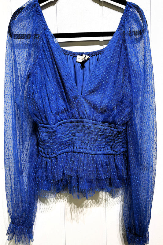 eeSome Ruffle Mesh-Dot Sleeve Blouse