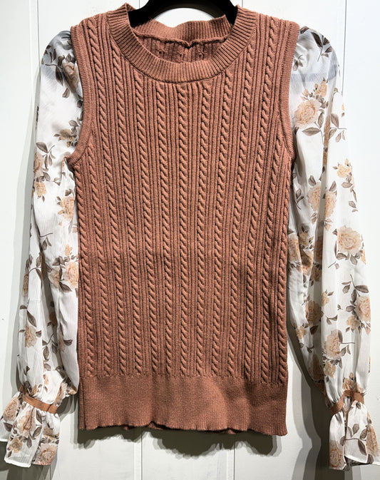 Sweater Top w/Floral Sheer Sleeves