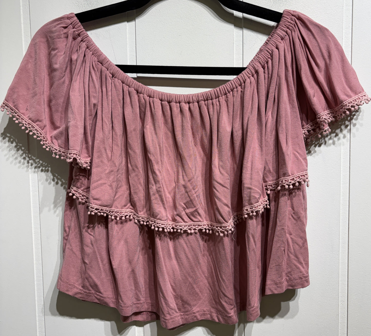 POL Off Shoulder Top w/PomPom Hem