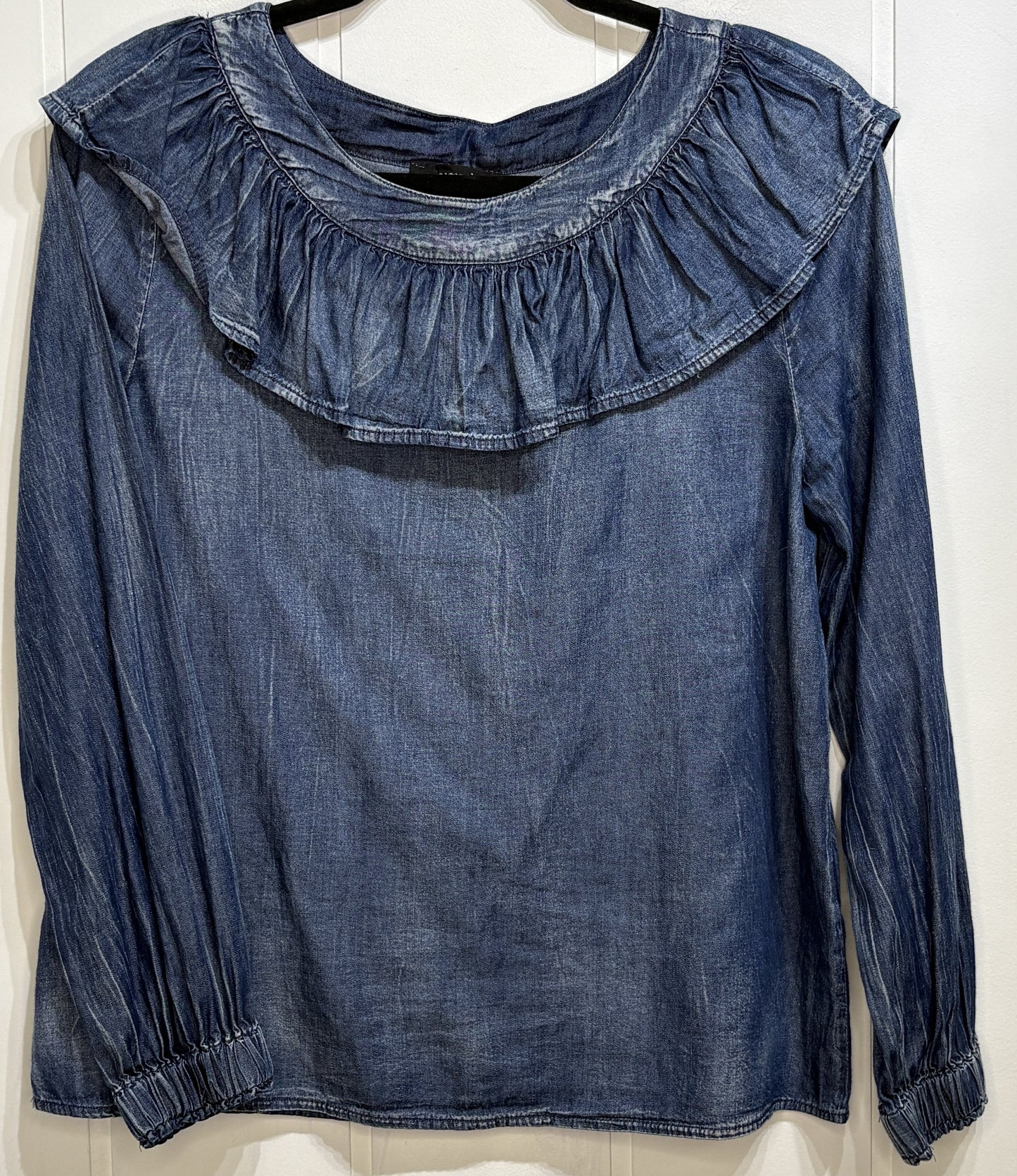 Denim LS Blouse w/Ruffled Collar
