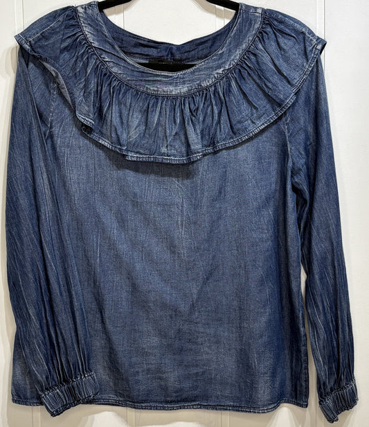 Denim LS Blouse w/Ruffled Collar