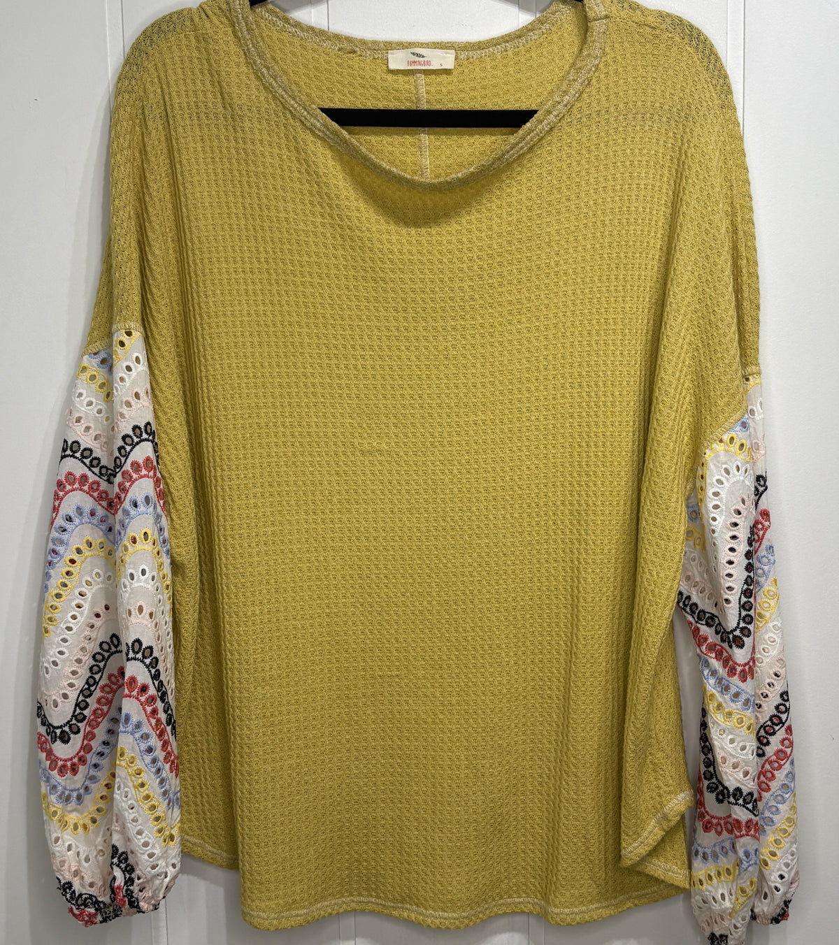Waffle-knit Embroidered Sleeve Top