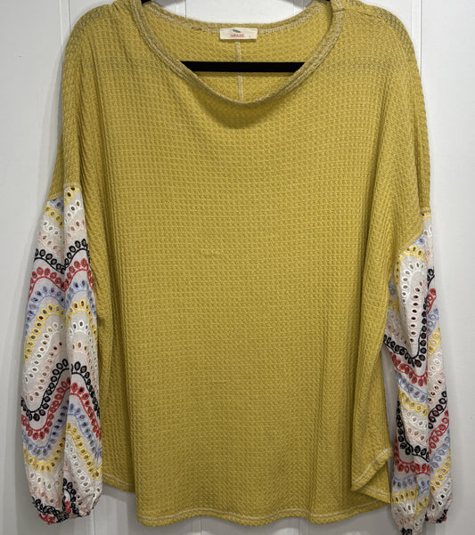 Waffle-knit Embroidered Sleeve Top