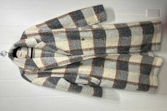 Fuzzy Plaid Button Down Long Coat