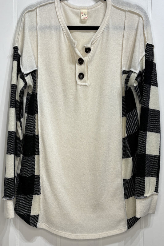 7thRay Plaid Sleeve Henley Sweater
